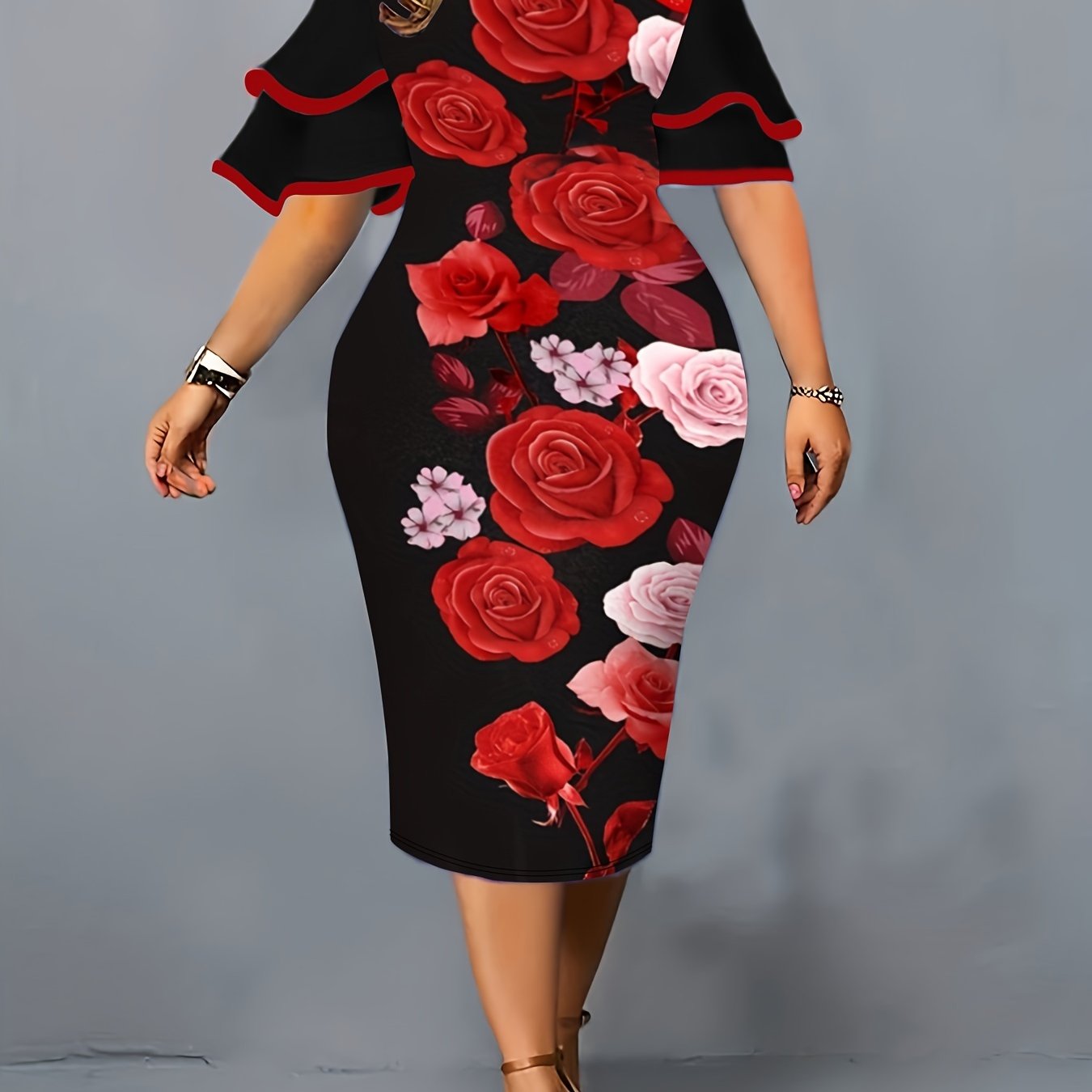  Floral Print Bell Sleeve V Neck Midi Dress