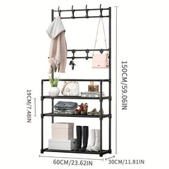 Household Independent Clothes Rack with 3 Shelves & 8 Hooks