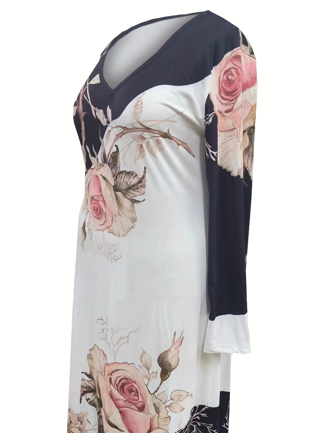  Floral Print Long Sleeve V Neck Maxi Dress