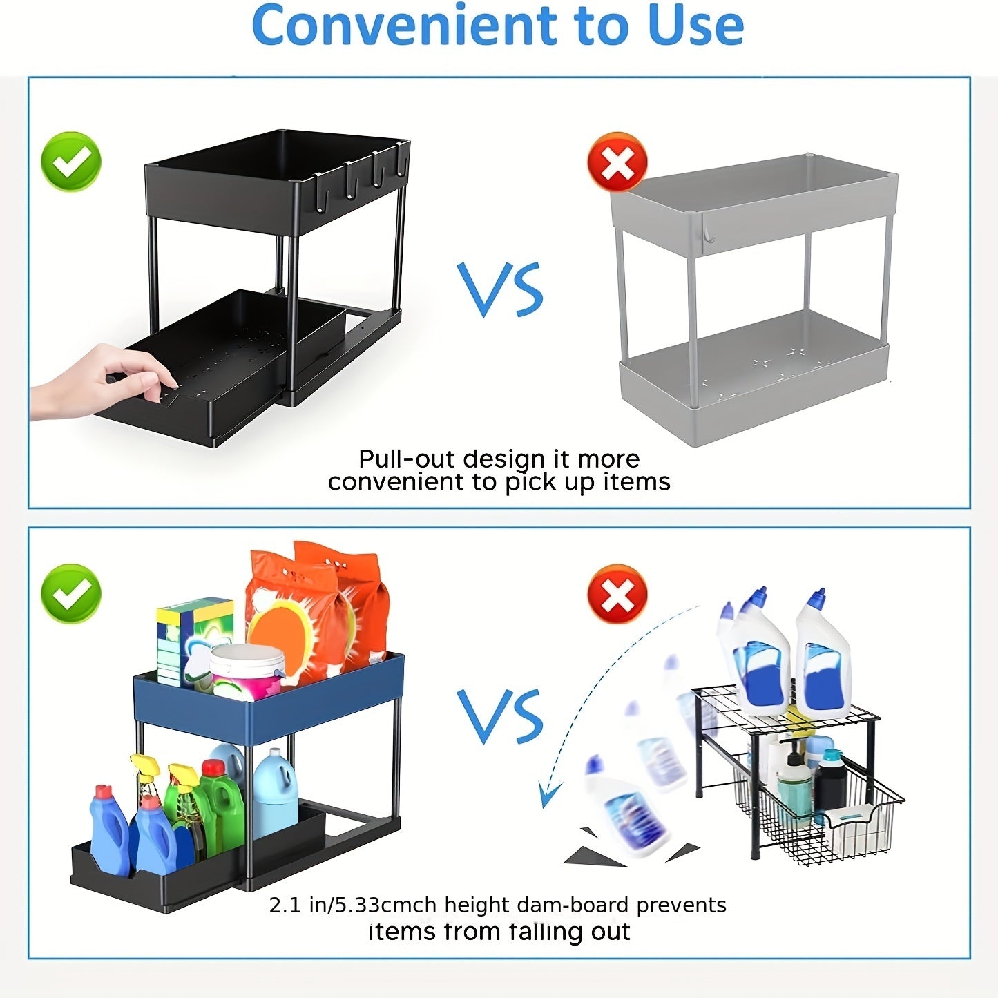 2 Tier Sliding Cabinet Basket Organizer Under Sink Storage Bathroom Kitchen