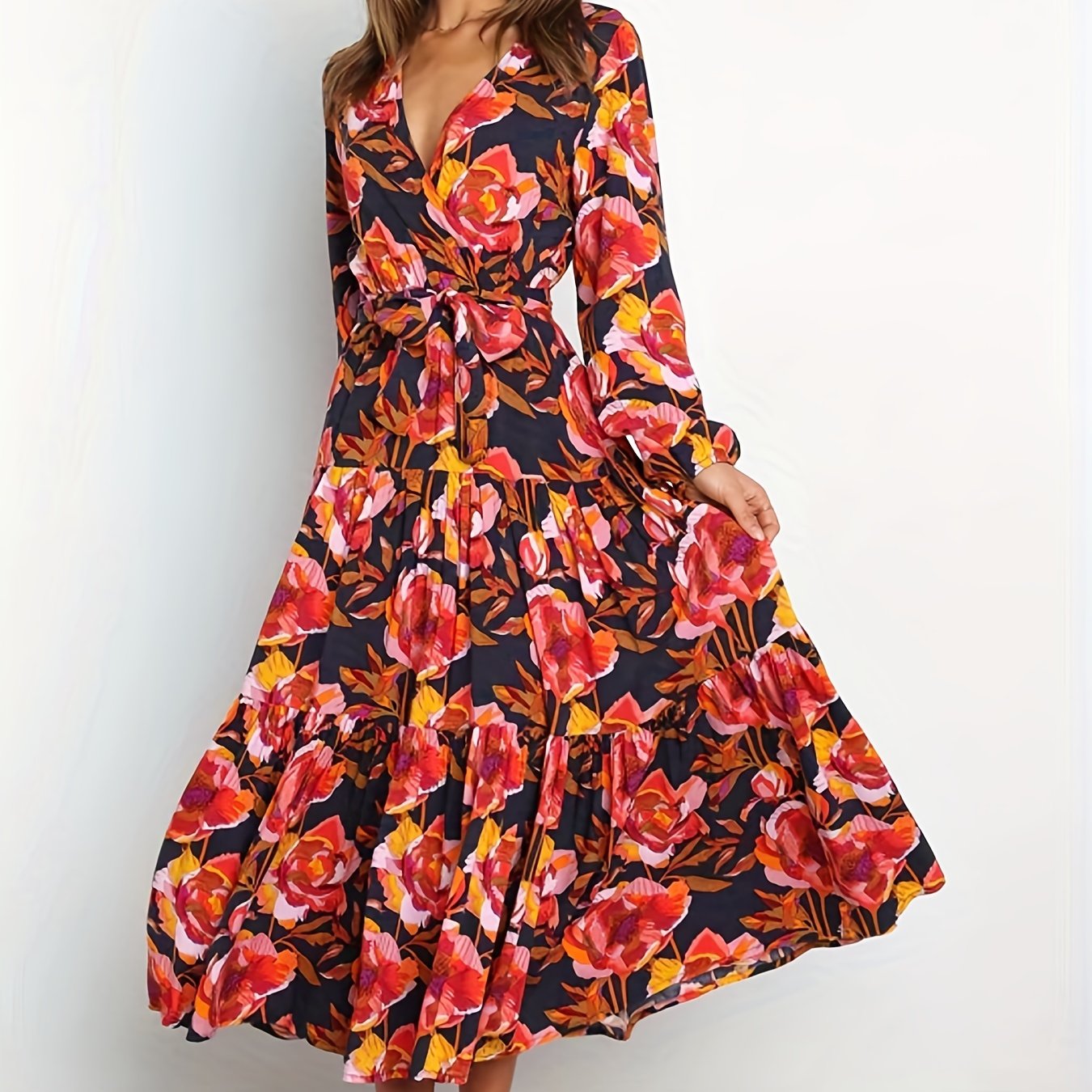 Floral Maxi Dress Lantern Sleeve Belted