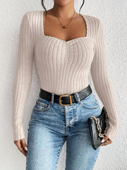  Ribbed Long Sleeve Sweetheart Neck Sweater