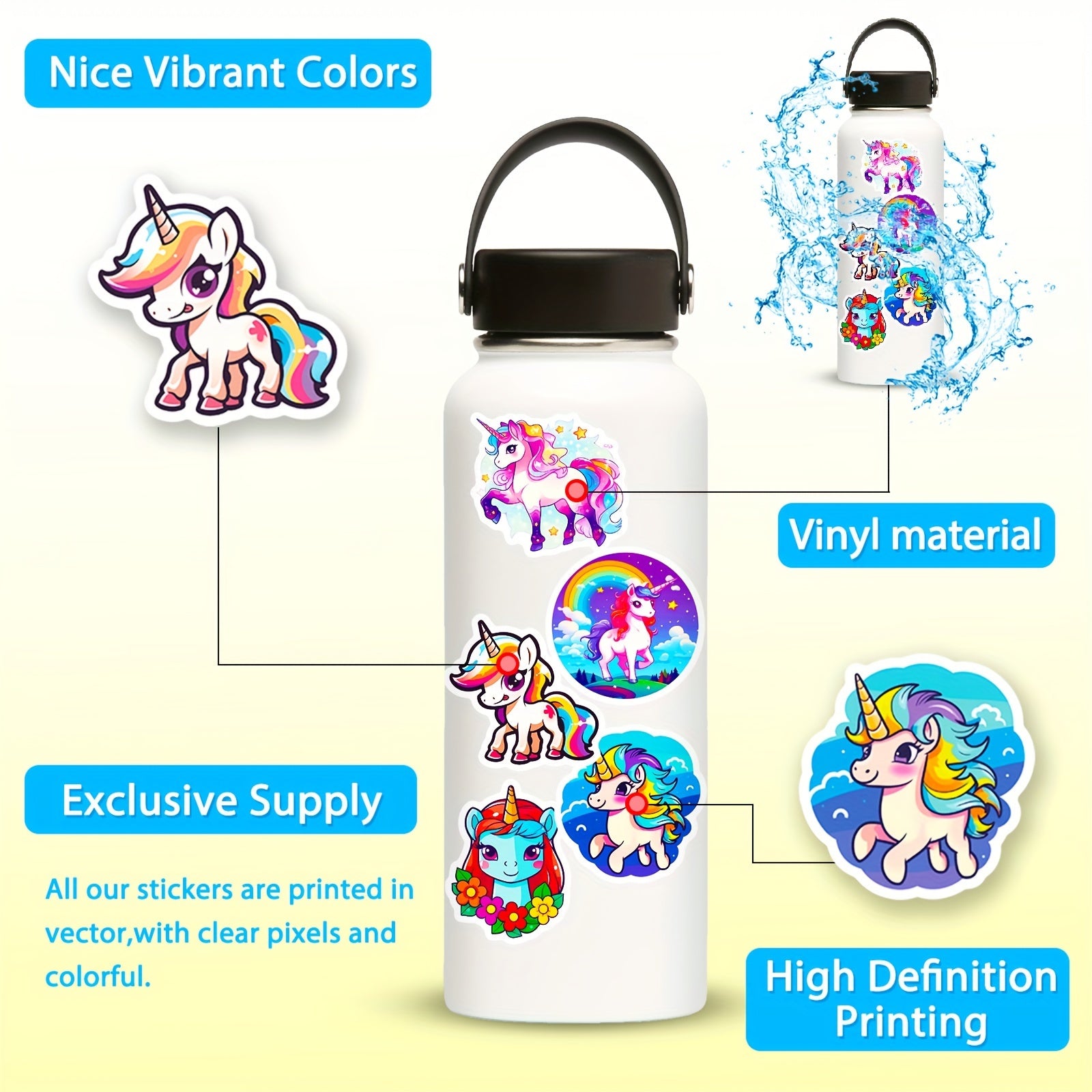 100pcs Rainbow Unicorn Sticker Pack for Laptops Phones Suitcases