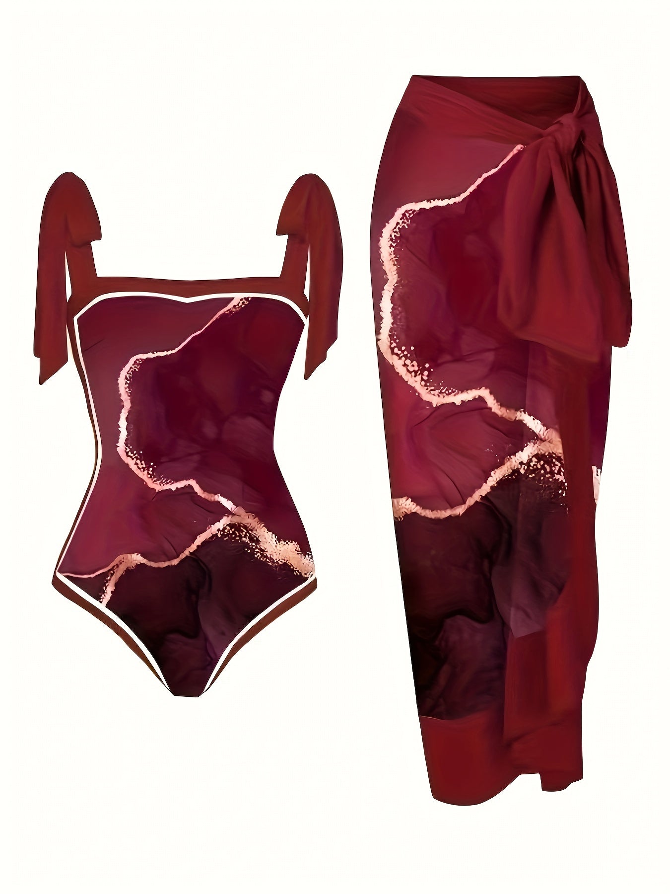  Marble Print Tankini Set One Piece Swimsuit & Skirt Two Piece Bathing