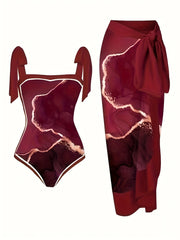  Marble Print Tankini Set One Piece Swimsuit & Skirt Two Piece Bathing