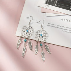 Feather Pine Stone Dream Catcher Earrings Vintage Ear Jewelry