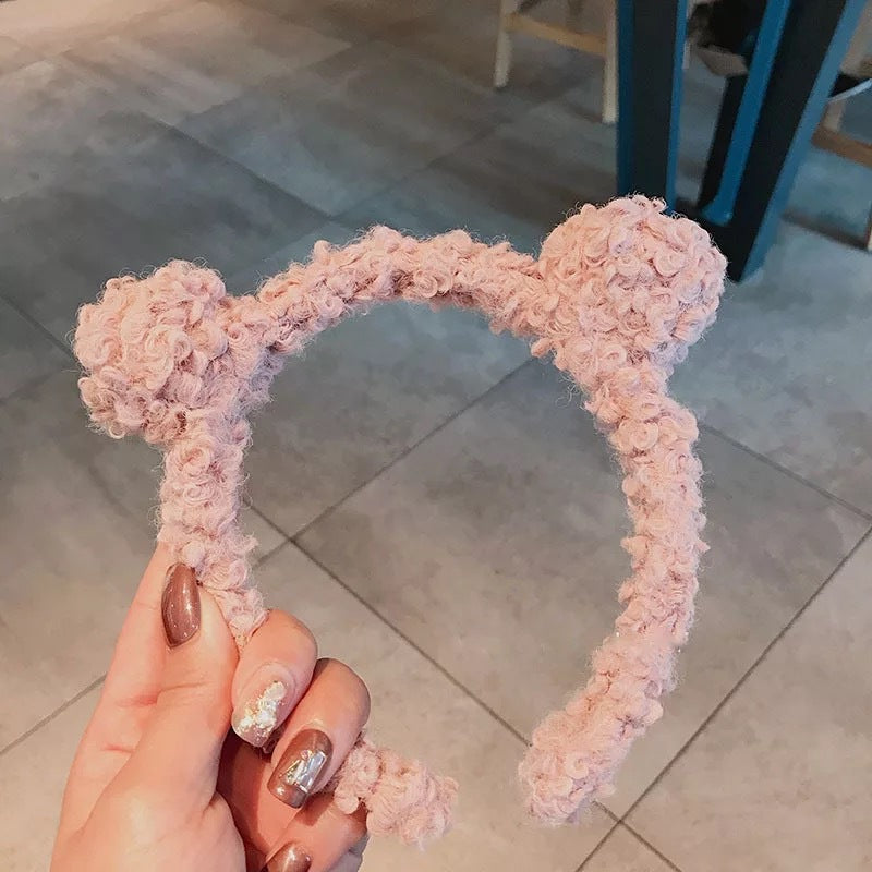 Women Girls Winter Bear Ears Headband Solid Curly Faux Fleece Pompom Hair Hoop