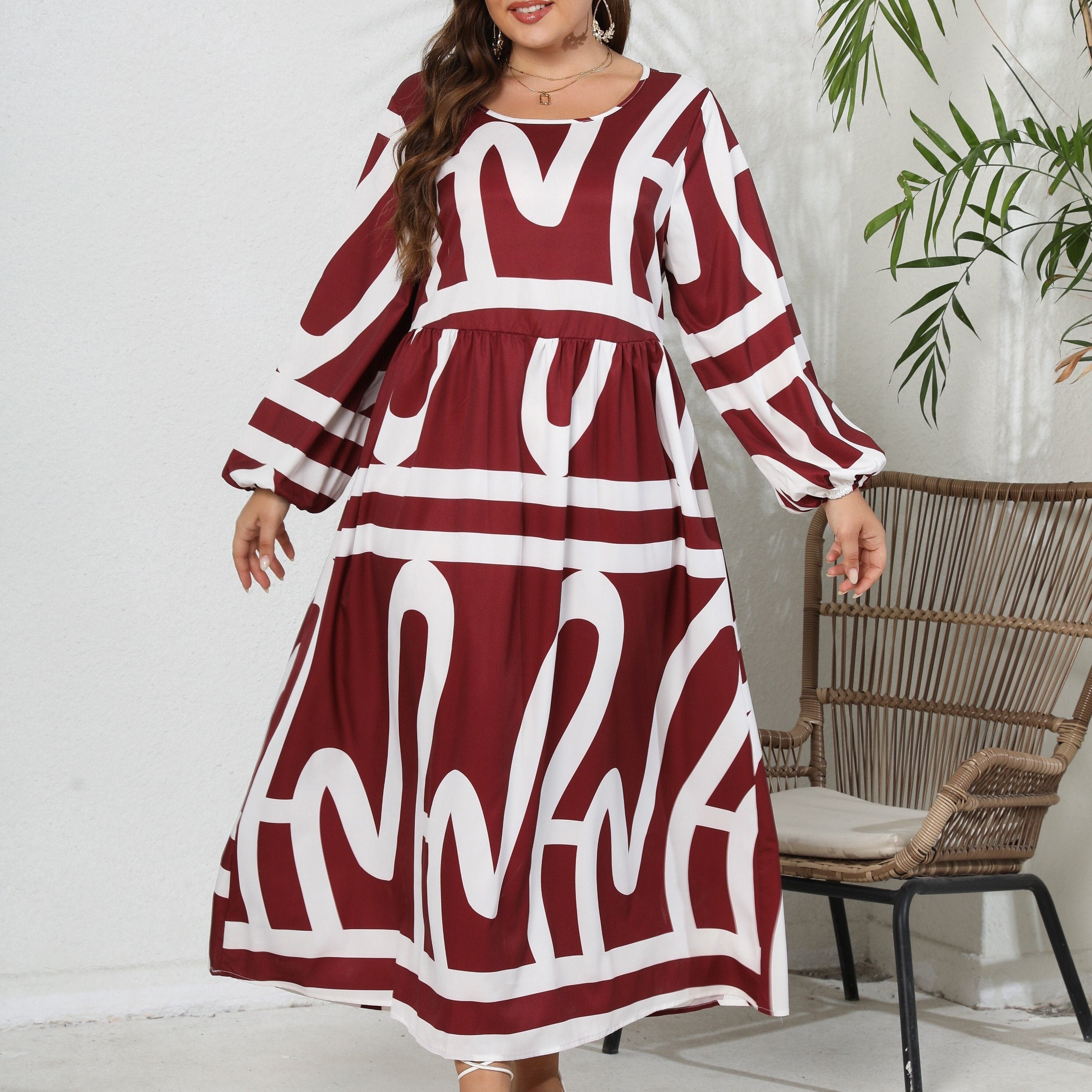  Graffiti Print Lantern Sleeve Maxi Dress