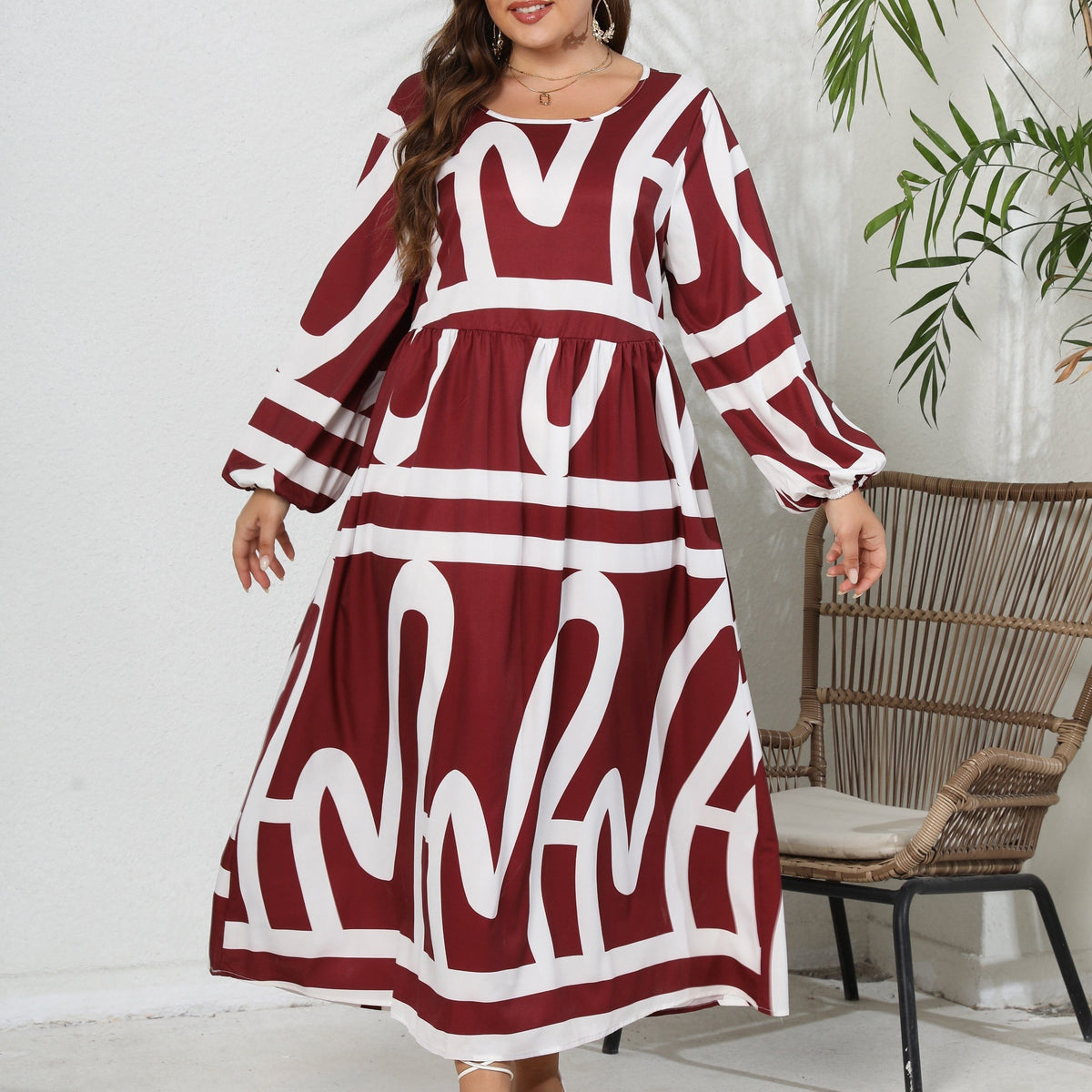  Graffiti Print Lantern Sleeve Maxi Dress