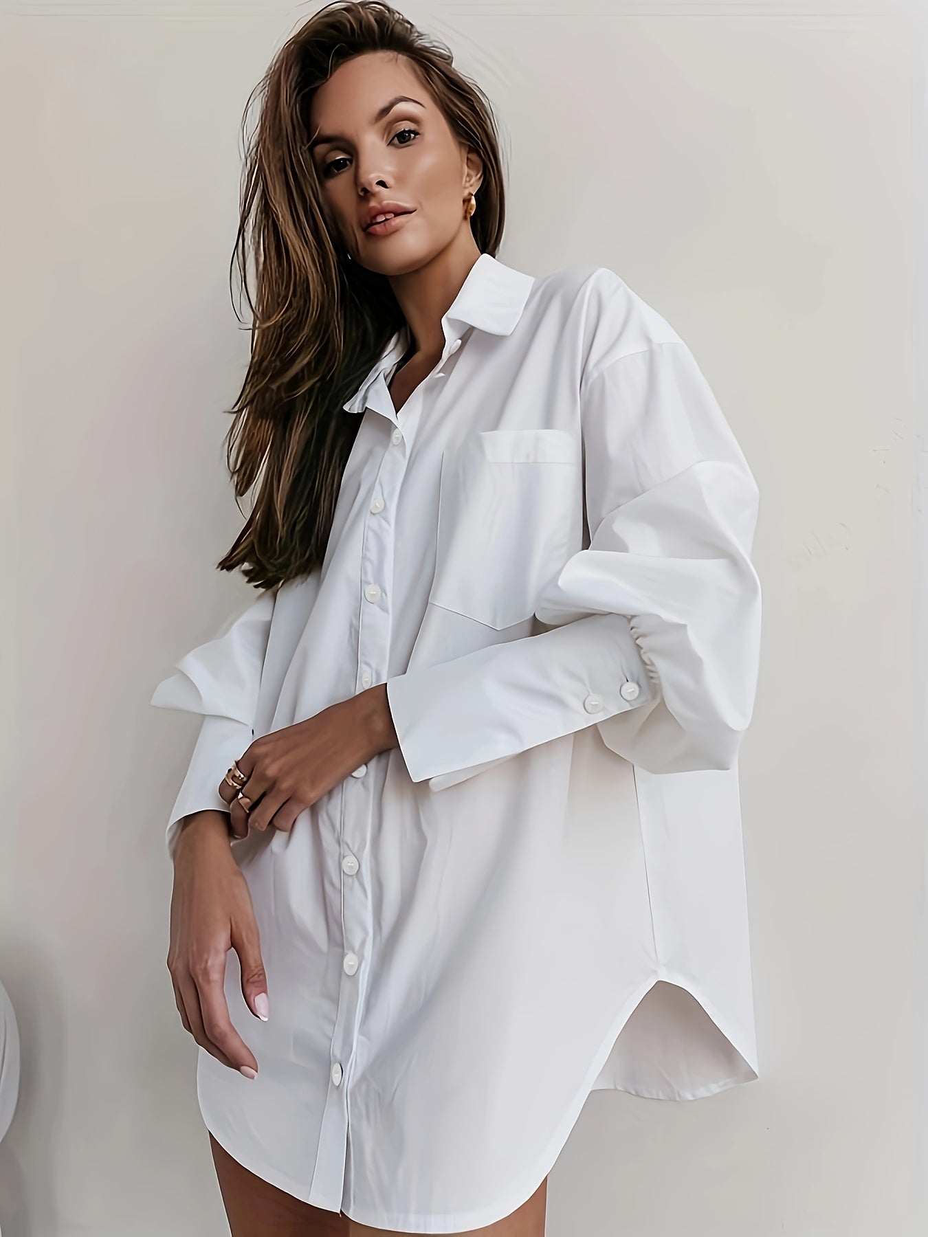  Lantern Sleeve Button Up Collar Tunic Shirt Top