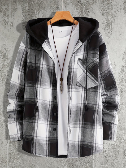 Men's Plaid Hooded Shirt Jacket Long Sleeve Regular Fit Coat
