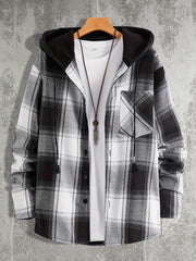 Men's Plaid Hooded Shirt Jacket Long Sleeve Regular Fit Coat