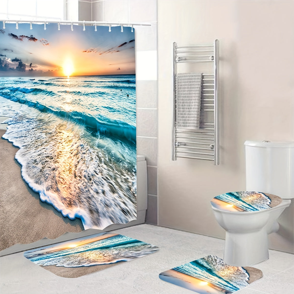 Sea Wave Shower Curtain Set with Bathroom Accessories