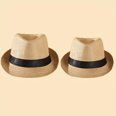2pcs Straw Woven Belt Top Hat Sunshade Jazz Hat