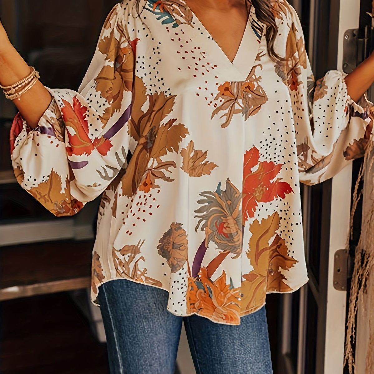 Boho Blouse Women's Plus Floral Dot Lantern Sleeve V Neck Loose