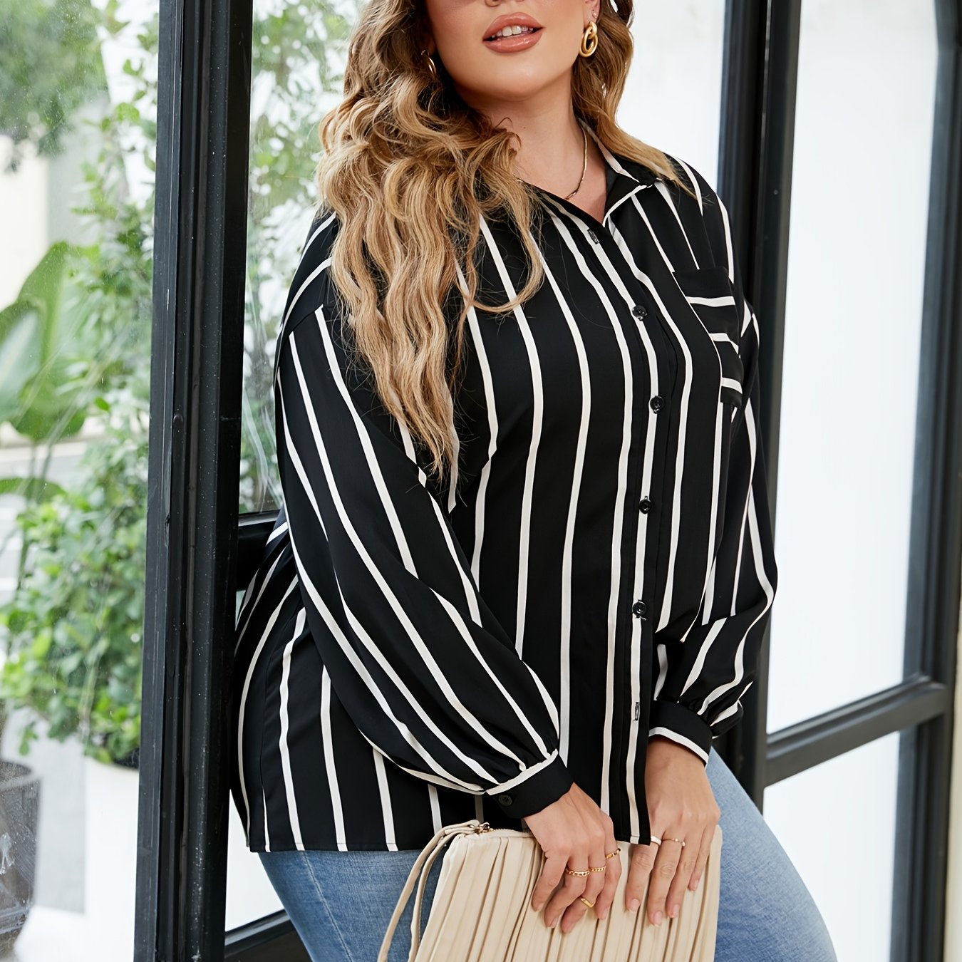 Striped Loose Fit Shirt Women's Casual Blouse