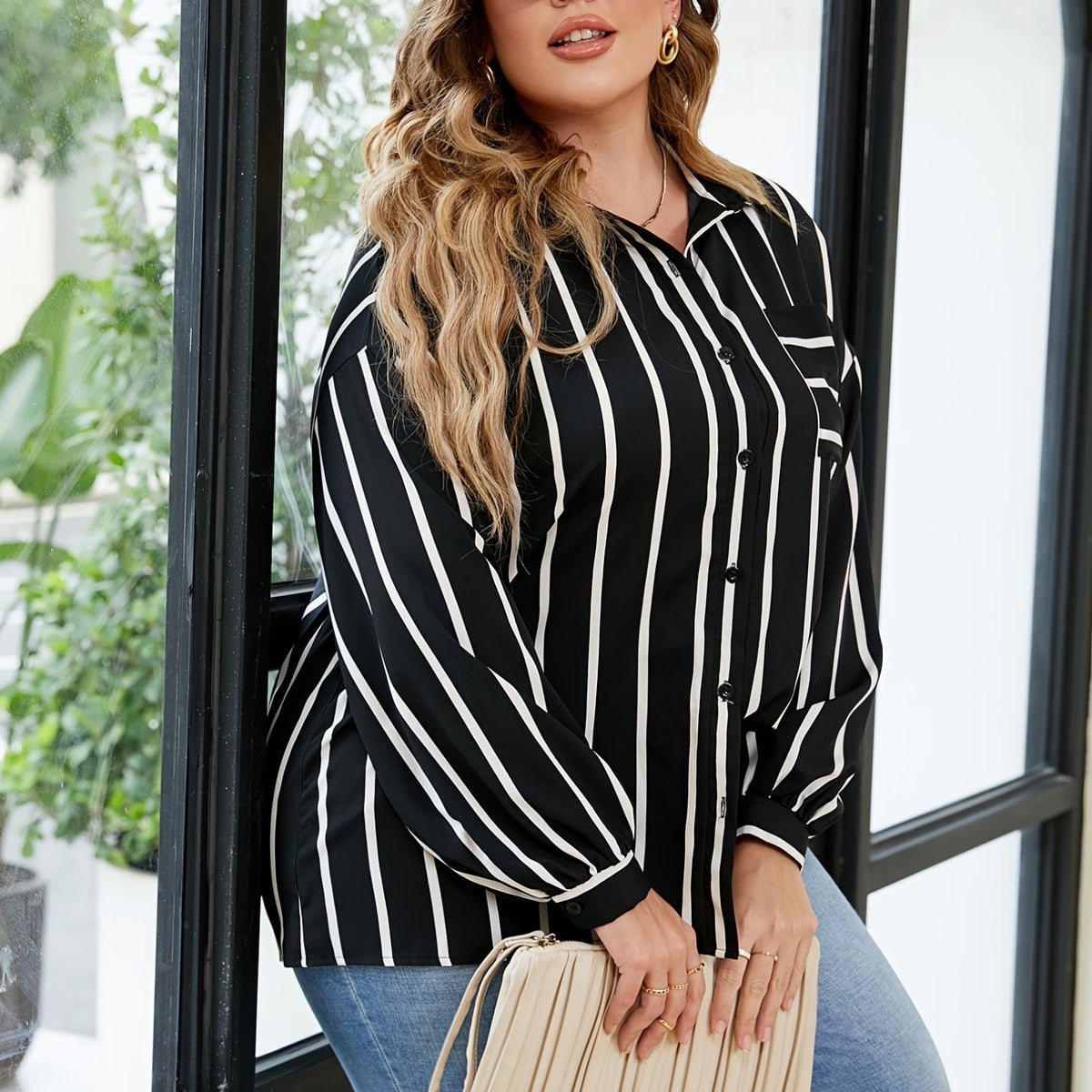  Striped Loose Fit Shirt Women's Casual Blouse