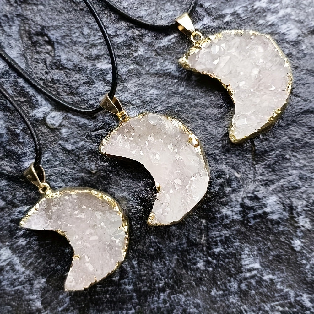 Natural Crystal Stone Moon Pendant Necklace Rough Stone Electroplated