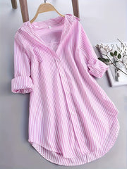  Nautical Stripe Print Button Up Long Sleeve Blouse