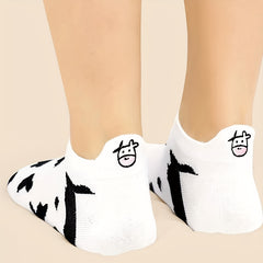 2 Pairs Cartoon Cow Print Socks & Lightweight Low Cut Ankle Socks