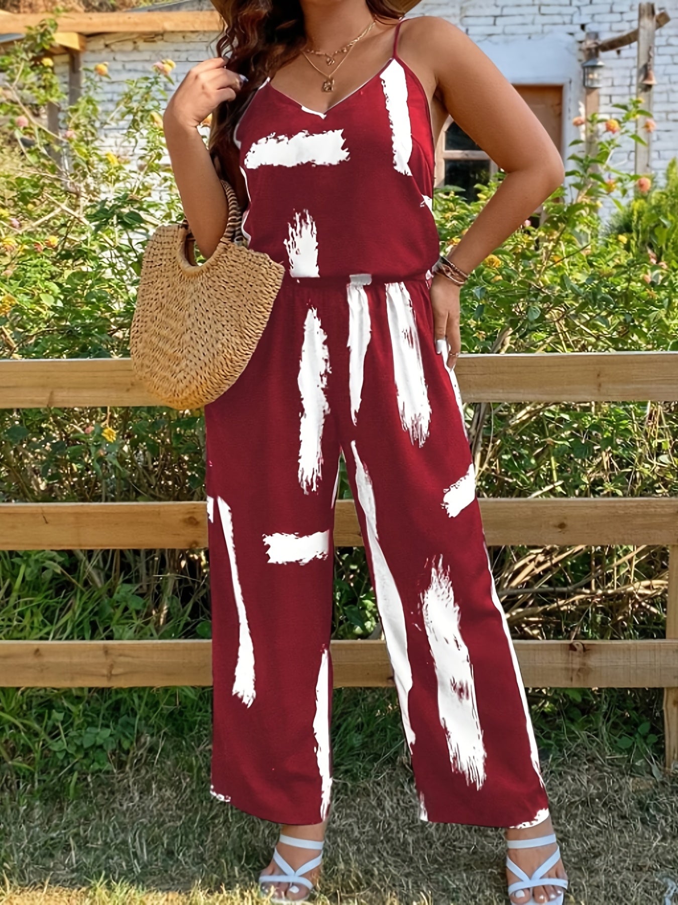  Brush Print V Neck Cami Top & Wide Leg Pants Set