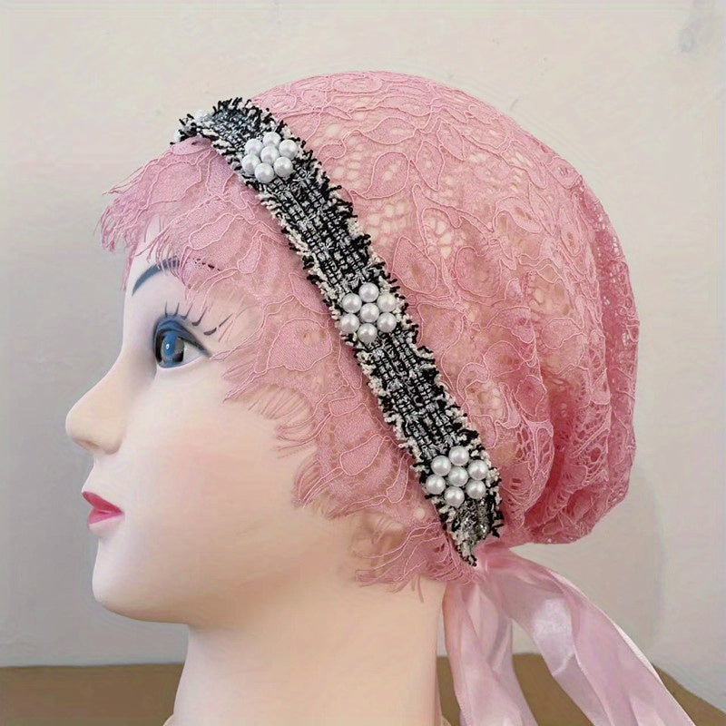 Faux Pearl Decor Turban Cap Lace Head Wrap Mesh Elastic Beanie