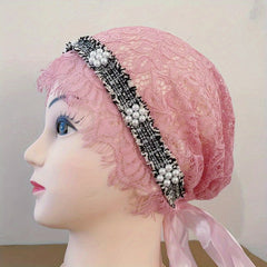 Faux Pearl Decor Turban Cap Lace Head Wrap Mesh Elastic Beanie