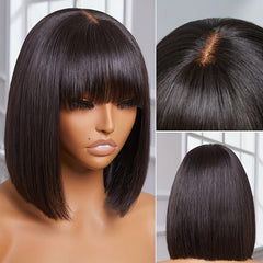Medium Long Straight Bob Cut Lace Front Wig with Bangs