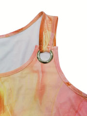  Rose Print Tank Top, Round Neck, Medium Stretch