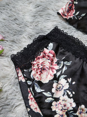 Floral Print Lace Trim V Neck Cami Top & Shorts