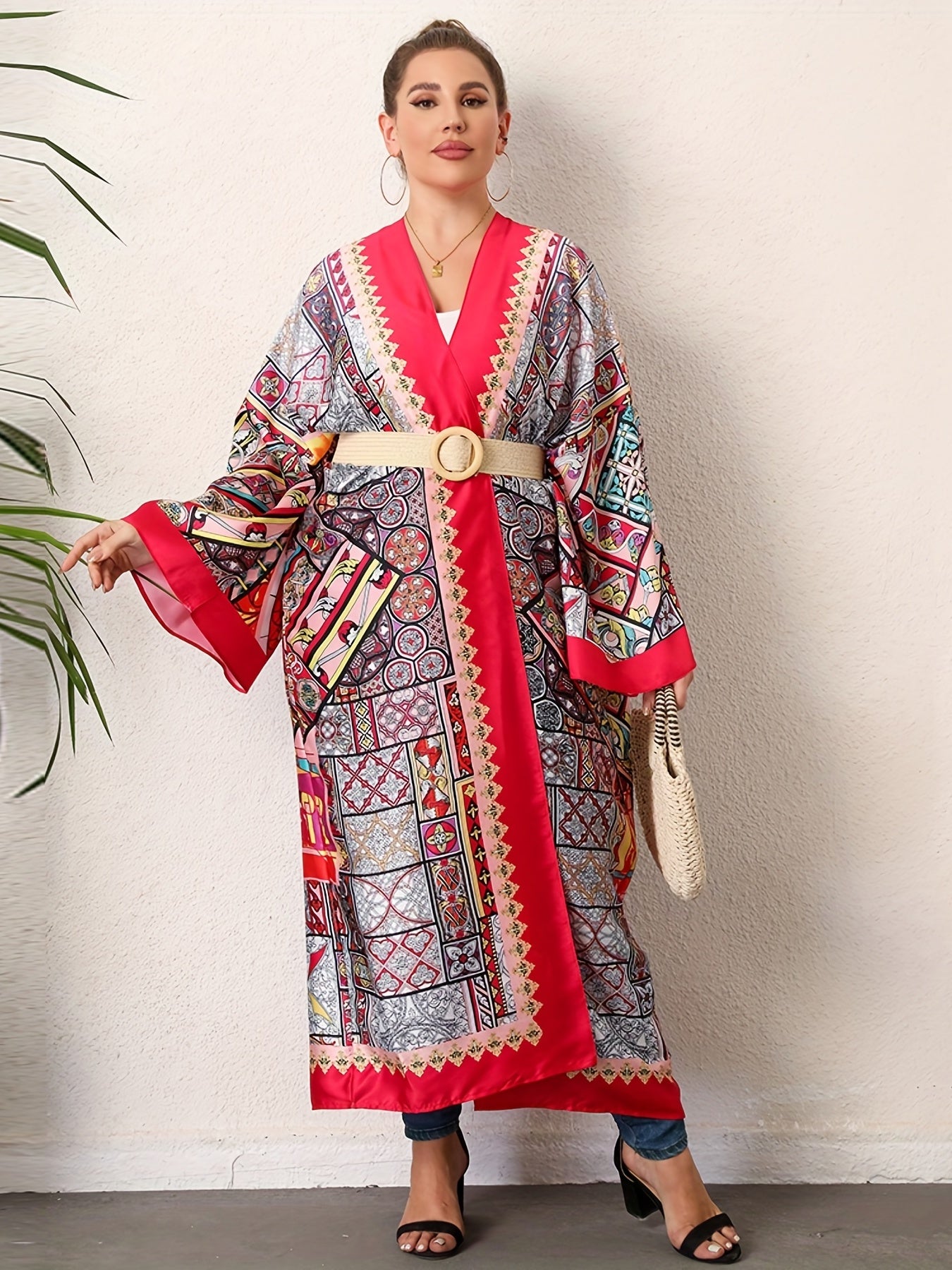  Boho Kimono Scarf Print Bat Sleeve Beach Cover