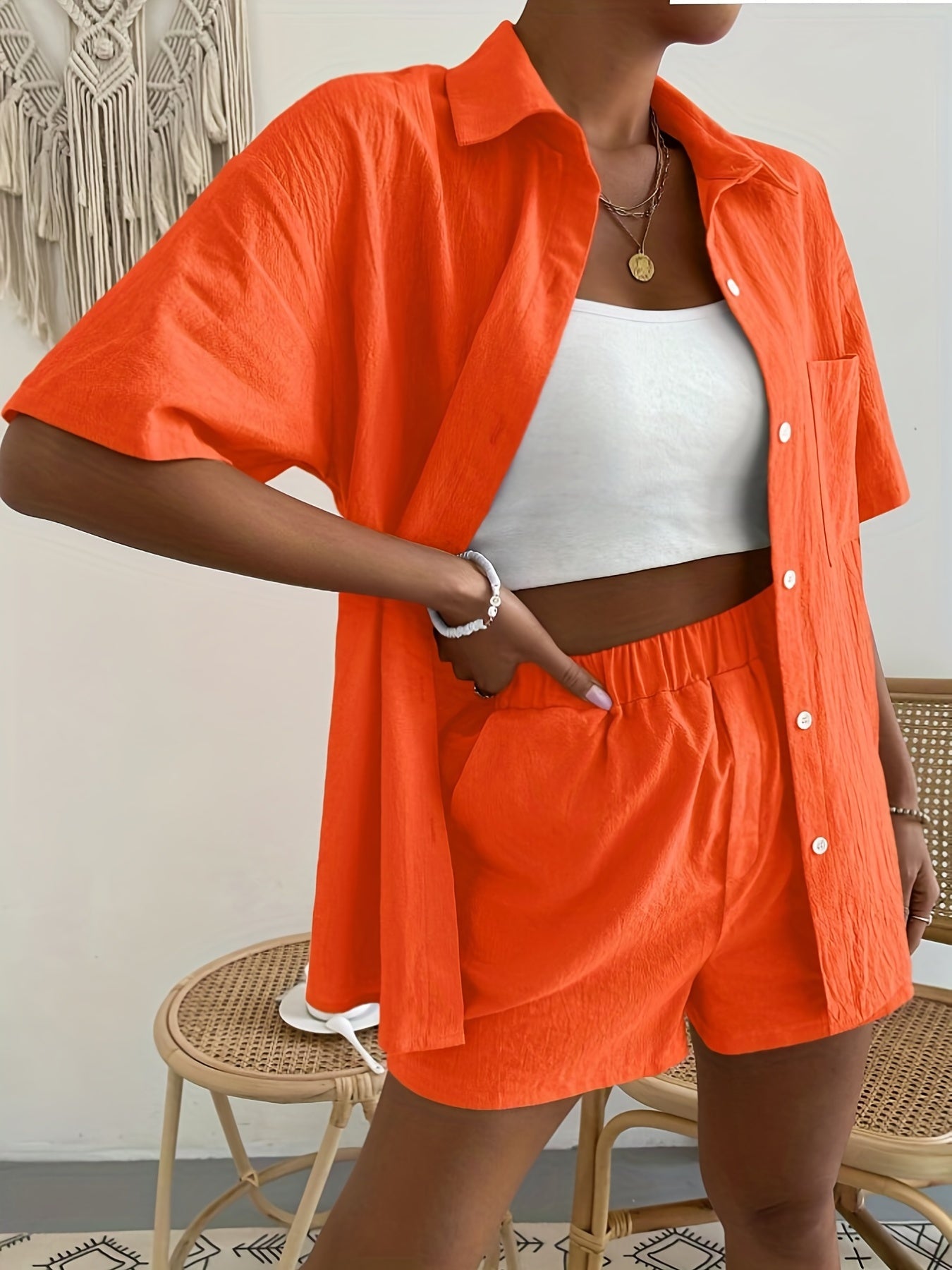 Casual Button Front Shirt & Shorts Set