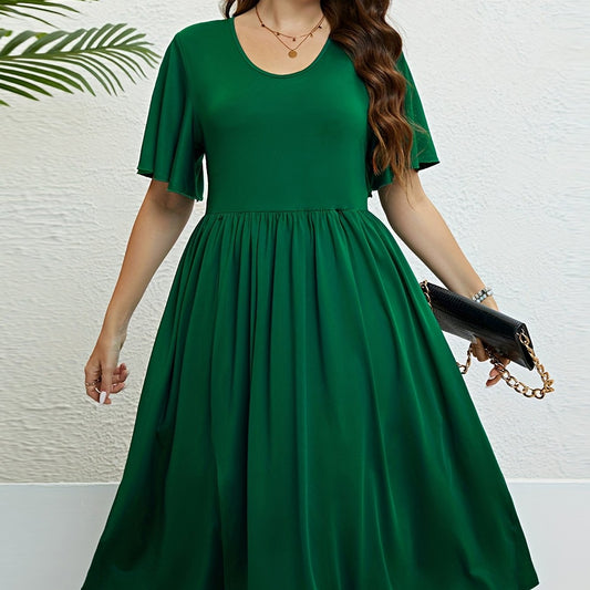  Solid Flutter Sleeve Round Neck Dress