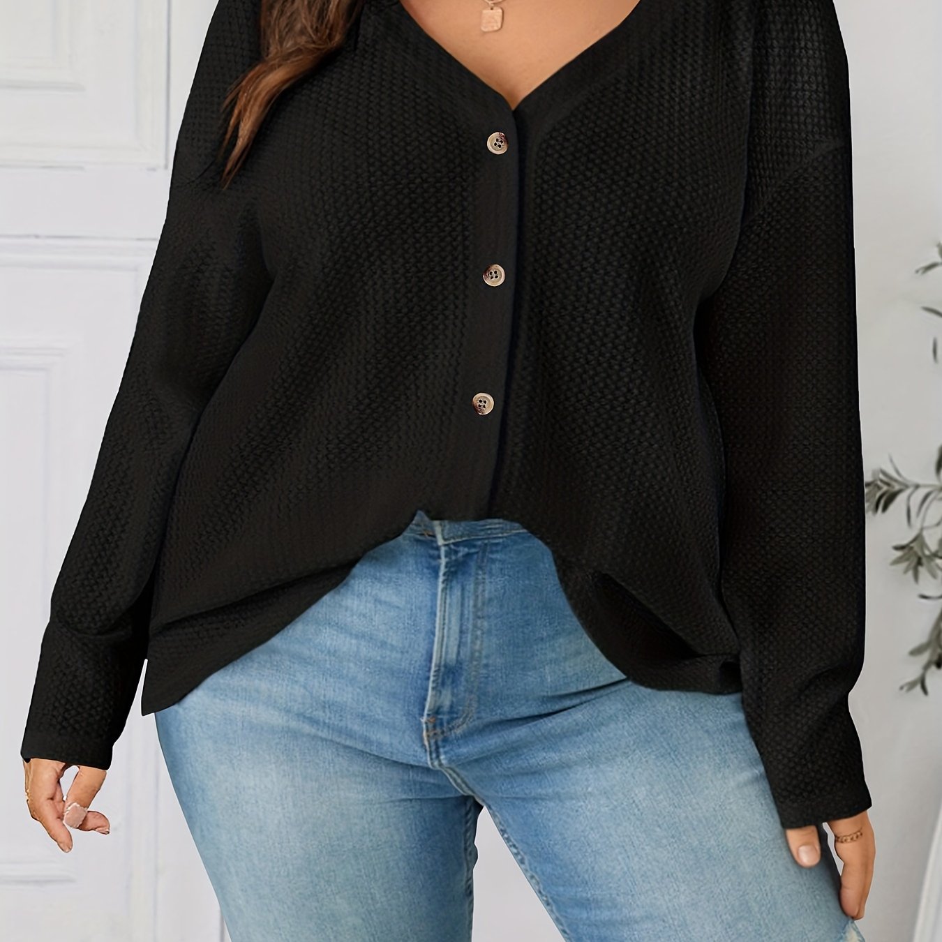  Solid Waffle Pattern Long Sleeve Cardigan