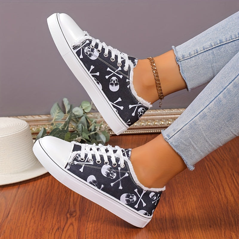 Women's Skull Print Sneakers Lace Up Outdoor Shoes Lightweight Halloween Shoes