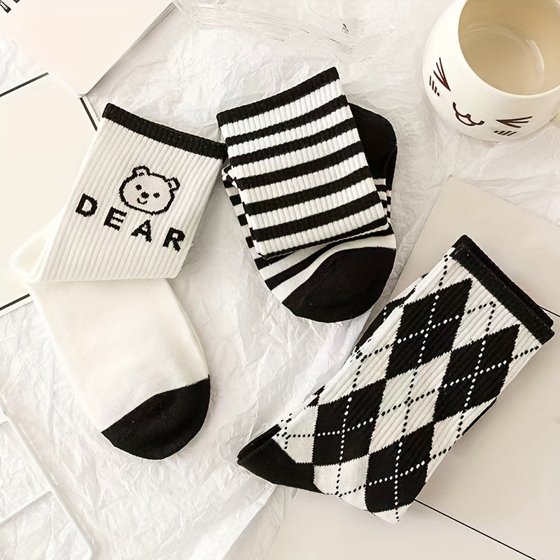 10 Pairs Women's Bear & Plaid Print Mid Tube Socks