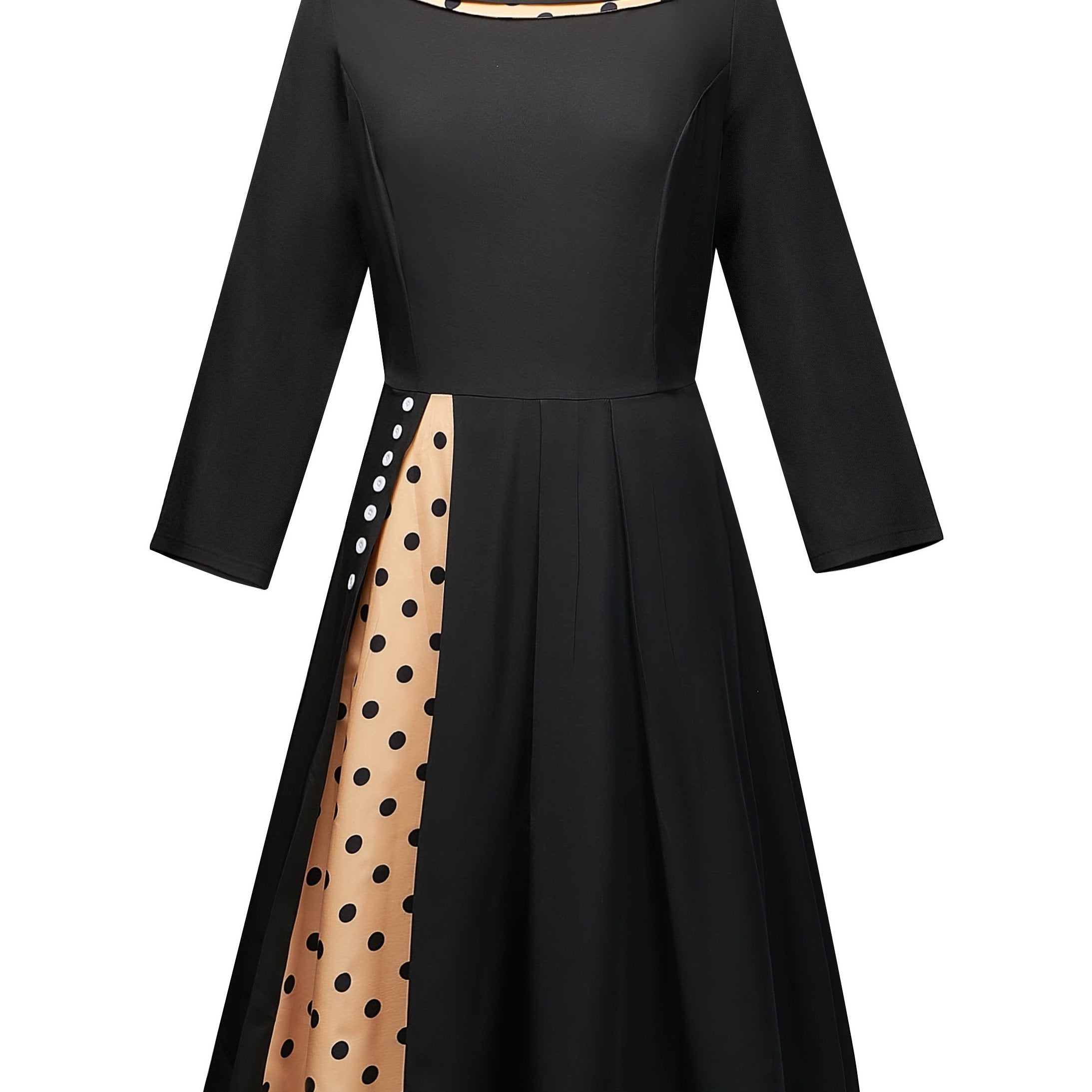  Retro Dress Colorblock Polka Dot Print Long Sleeve Round Neck Dress