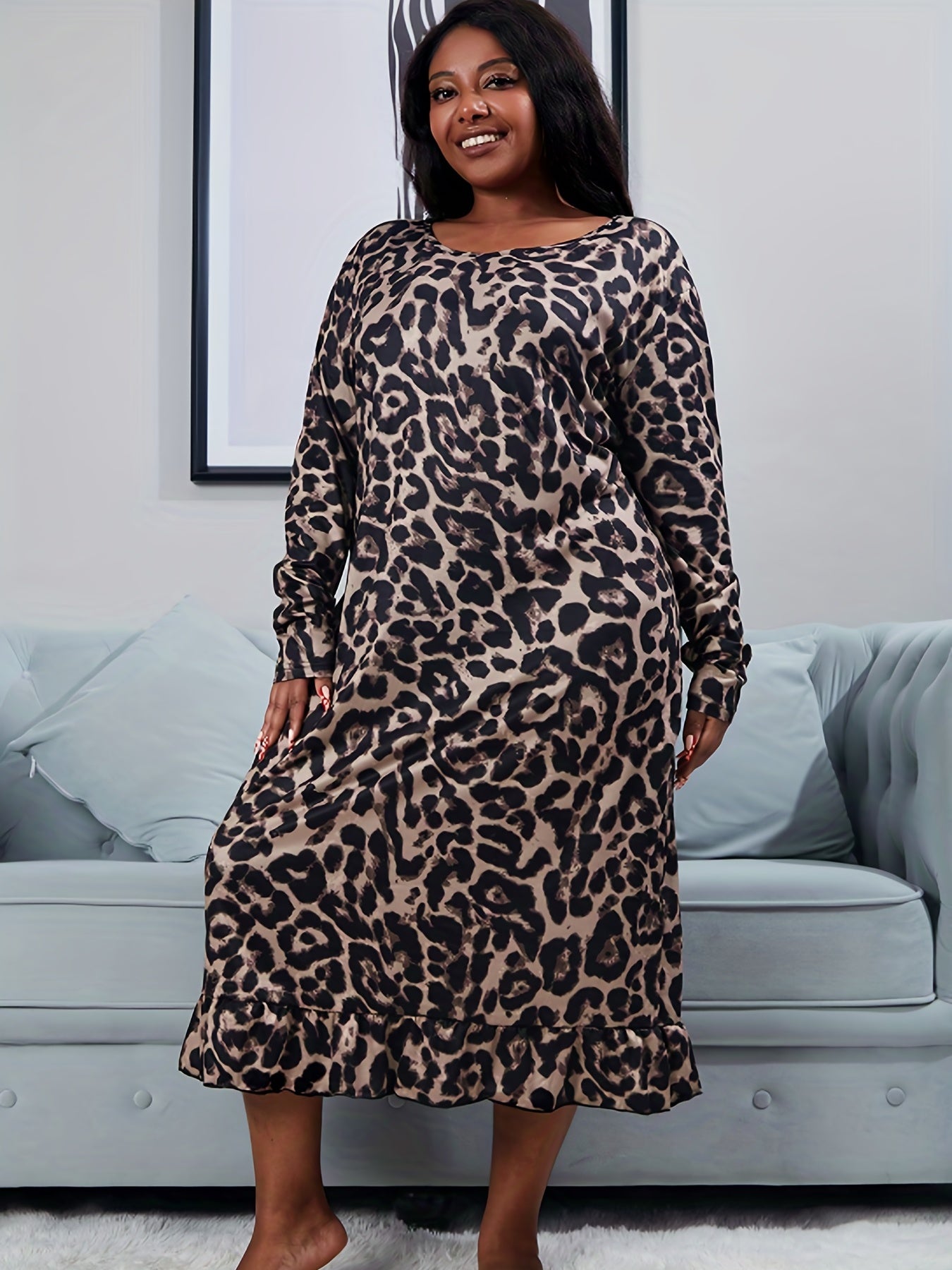  Leopard Print Ruffle Trim Nightdress