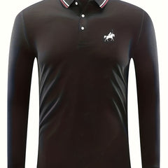Men's Polo Player Print Button Up Long Sleeve Polo Shirt