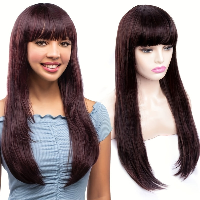 Long Straight Wig With Bangs Pink Strips Full Wig For Cosplay Party