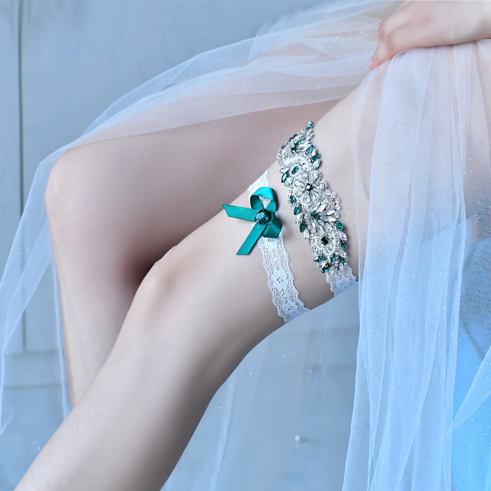 Vintage Lace Garter Bands with Rhinestone Accents and Teal Bow