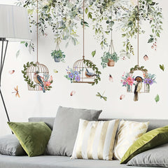 2pcs Flower Vine Tree Branches And Birds Wall Stickers Self Adhesive Decor