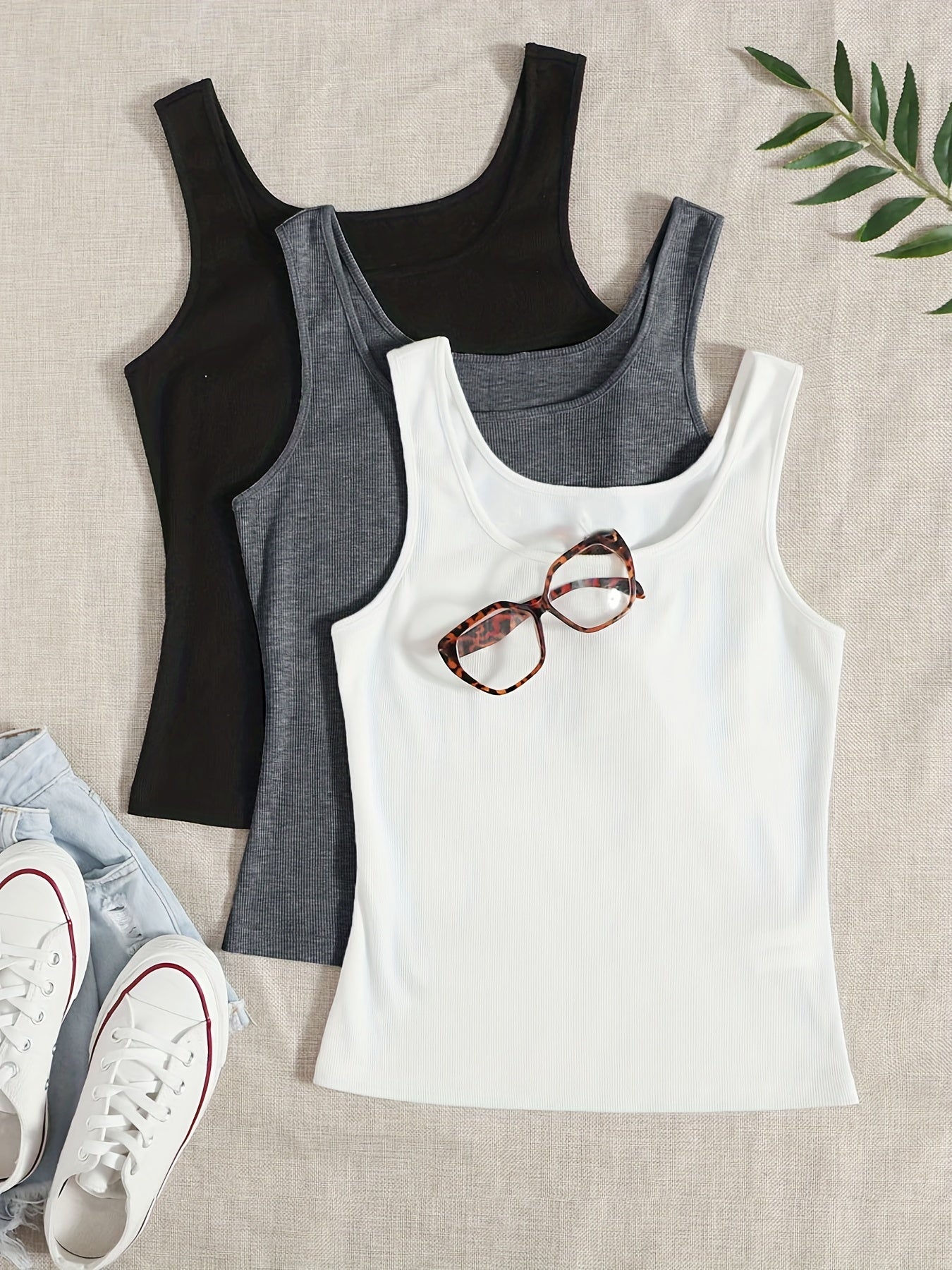3 Pack Plus Size Basic Tank Top Set Women's Plus Solid Ribbed Round Neck