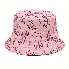 Flame Print Reversible Bucket Hat Cartoon Casual Basin Hat