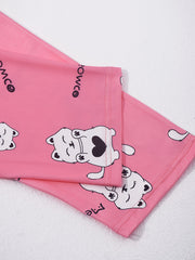 Cat Print Pajama Set Short Sleeve Top & Pants Women's Sleepwear