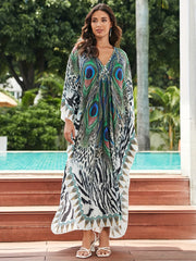 Peacock & Leopard Print Batwing Sleeve V Neck Side Split Cover Up Dress