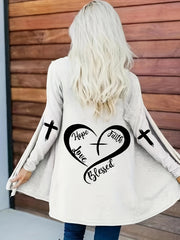  Women's Open Front Cardigan Heart & Letter Print Long Sleeve