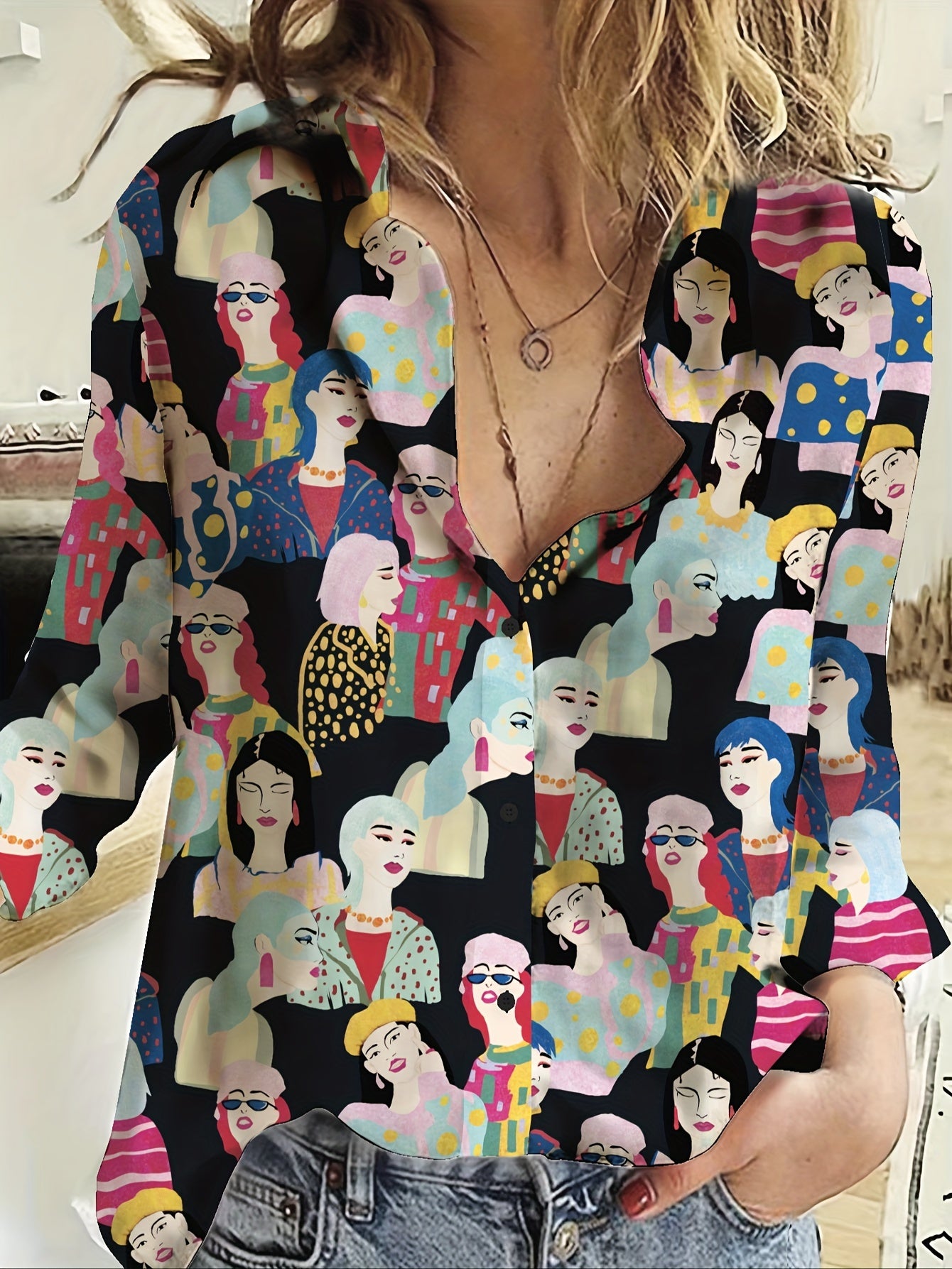  Figure Print Button Up Long Sleeve Blouse