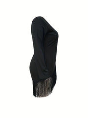  Solid Long Sleeve Fringe Trim Casual Dress
