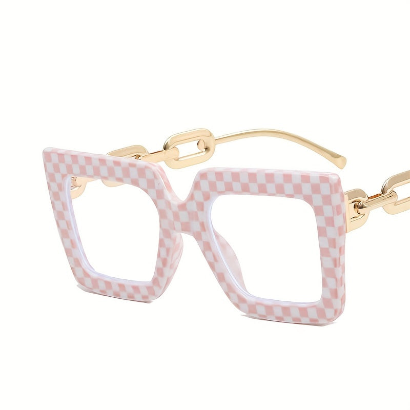 Square Clear Lens Glasses Y2K Chain Temple Anti Light Eyewear